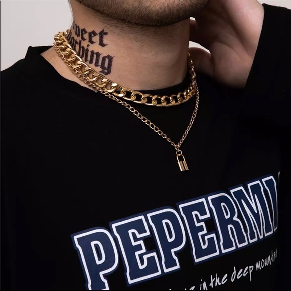 Unisex Gold Chunky Chain Lock Pendant Necklace - Picture 1 of 6